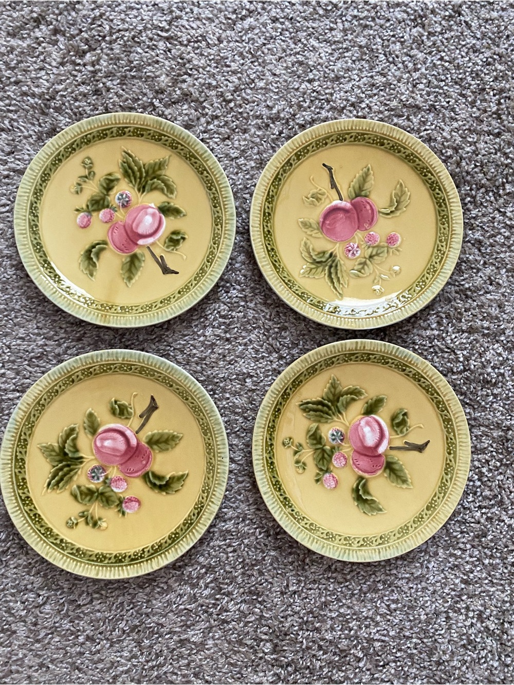 Vintage Majolica Black Forest Art Pottery Germany Set of 4 Fruit Small Plates